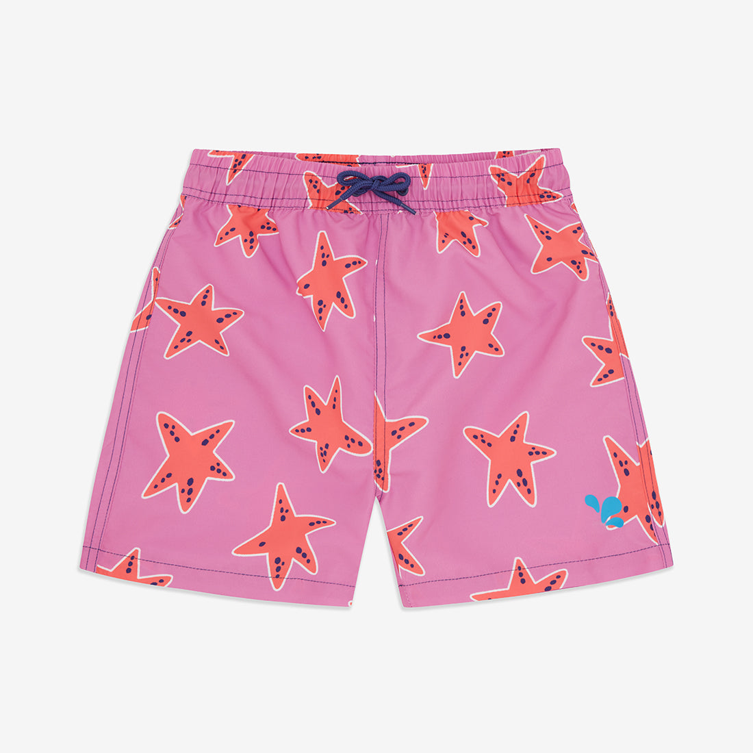 Pink UV Protective Swim Shorts with an all-over red starfish pattern. The shorts have a drawstring at the elasticated waist.