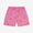 Pink starfish UV protective swim shorts. Pink shorts with a starfish pattern and a rear pocket, against a white background.