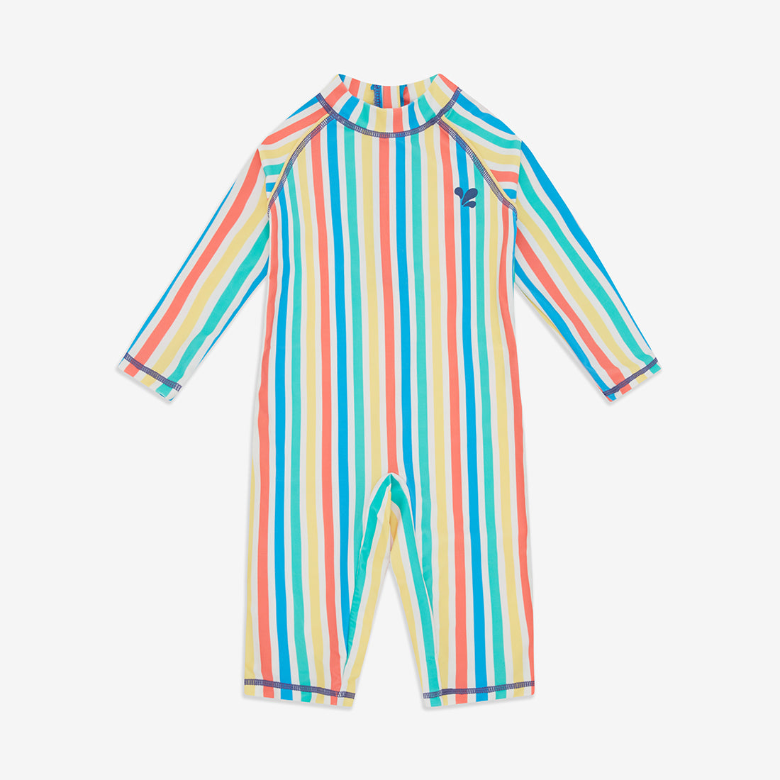 A striped children's swimsuit with long sleeves and short legs, featuring blue, yellow, coral, and white stripes.