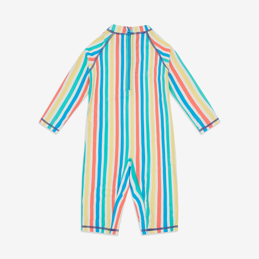 A UV Protective Surf Suit Multi Stripe in a colourful vertical stripe design, featuring long sleeves and short legs with a blue zip on the back.