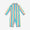 A UV Protective Surf Suit Multi Stripe in a colourful vertical stripe design, featuring long sleeves and short legs with a blue zip on the back.