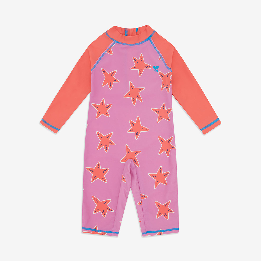 A UV Protective Surf Suit Pink Starfish all-in-one swimsuit. It has long orange sleeves and a lilac torso covered with starfish pattern.