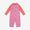 A UV Protective Surf Suit Pink Starfish all-in-one swimsuit. It has long orange sleeves and a lilac torso covered with starfish pattern.