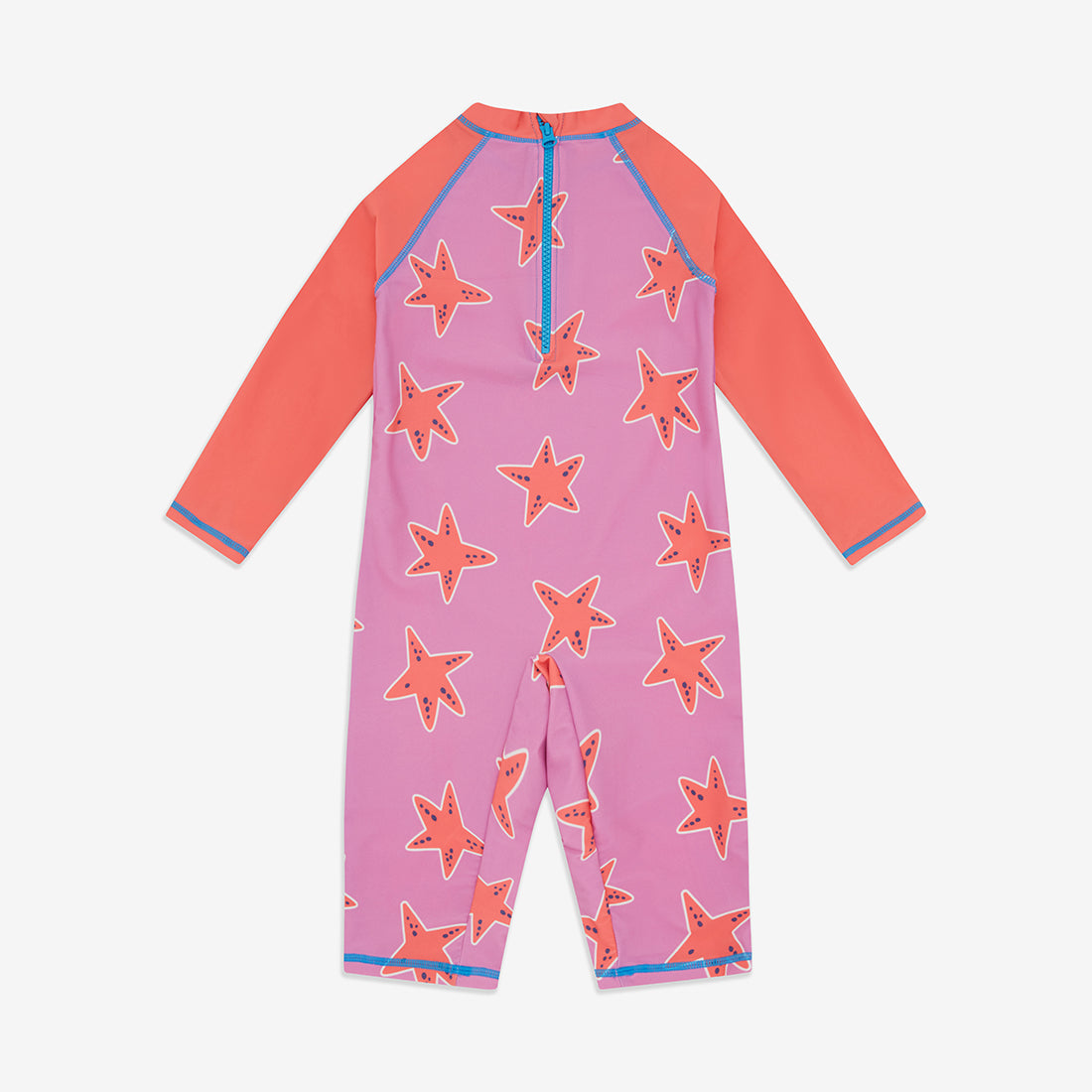 UV Protective Surf Suit Pink Starfish featuring a starfish pattern on a pink and orange swimsuit with long sleeves.