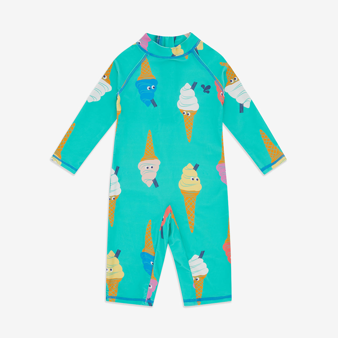 UV Protective Surf Suit Green Ice Cream: A child's long-sleeved swimsuit in turquoise with a fun ice cream cone pattern.