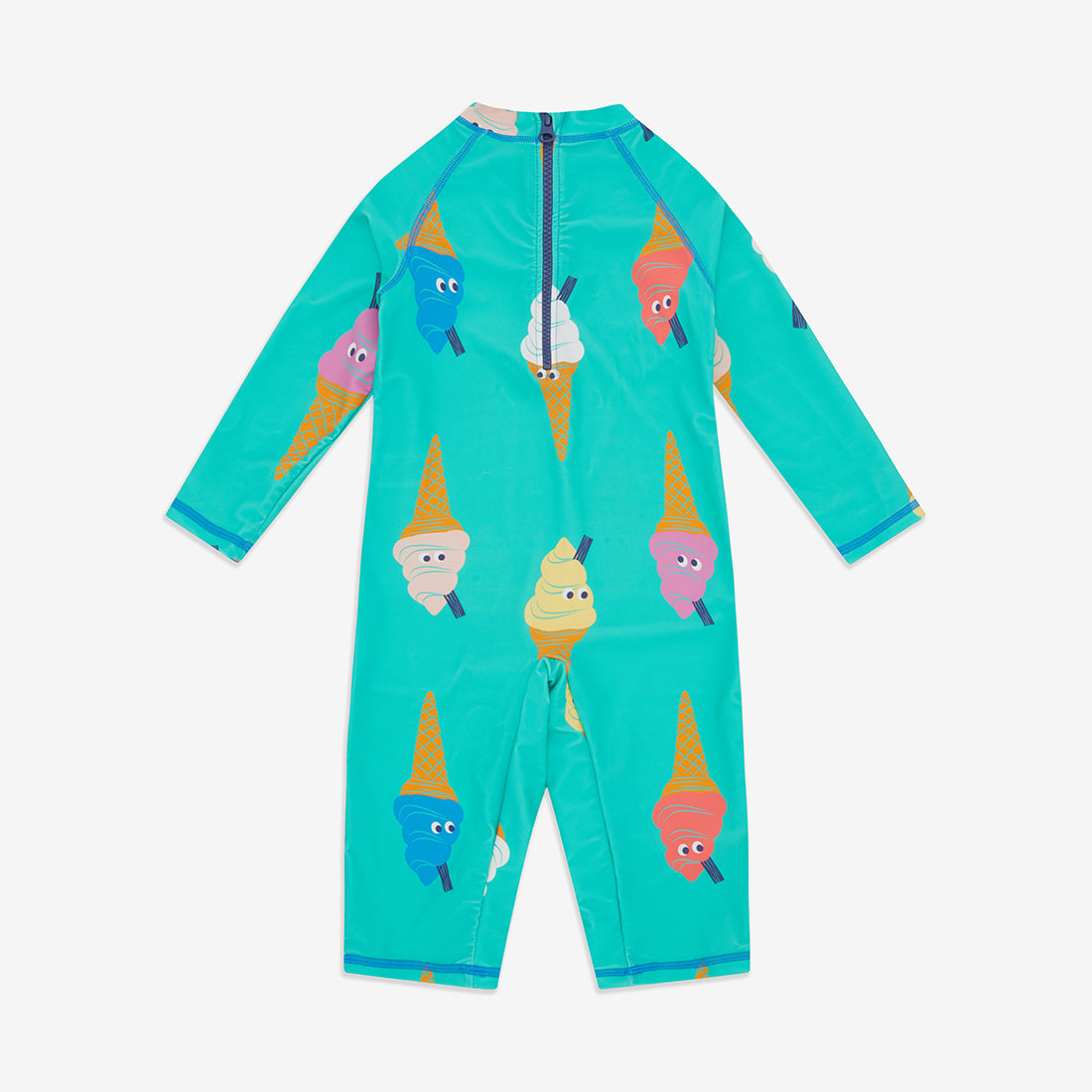 UV Protective Surf Suit Green Ice Cream: A teal surf suit with long sleeves and a repeating pattern of colourful cartoon ice creams.