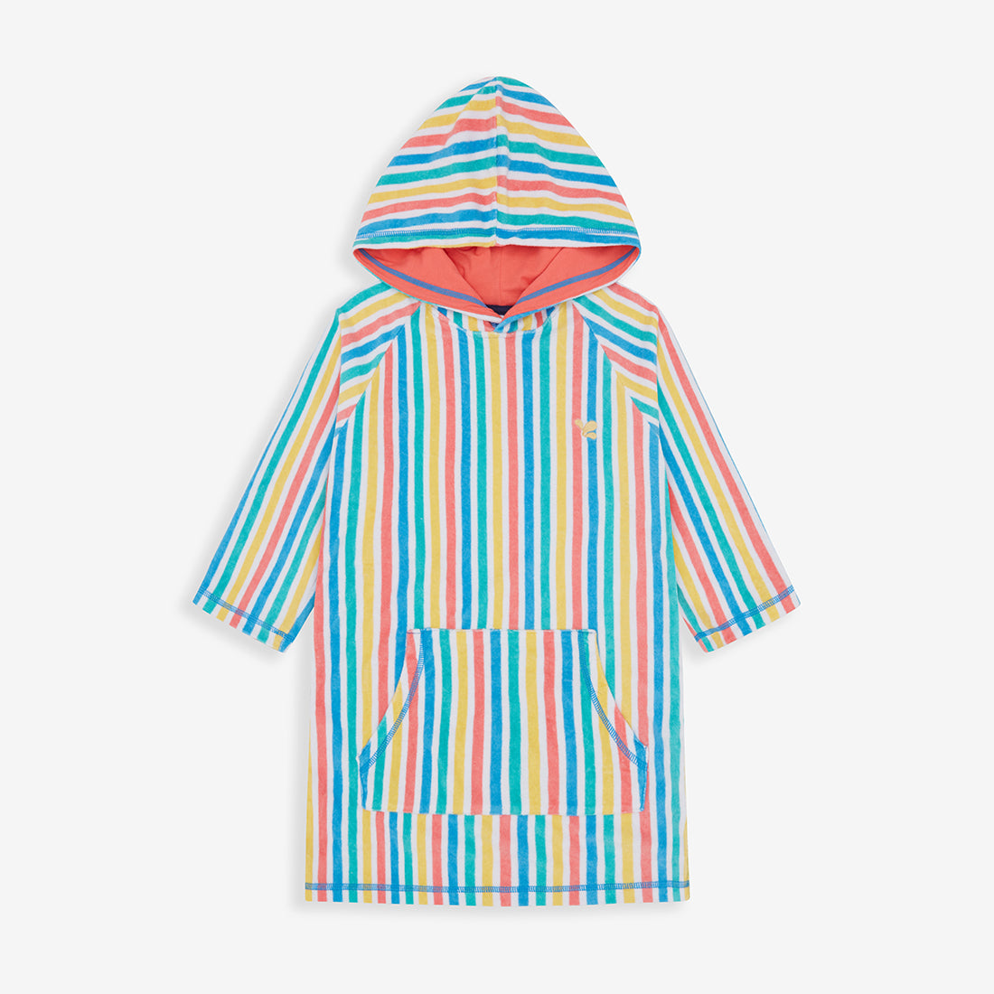 Multi Stripe Towel Poncho. A hooded beach towel in vertical stripes of yellow, blue, white and coral pink with a kangaroo pocket.