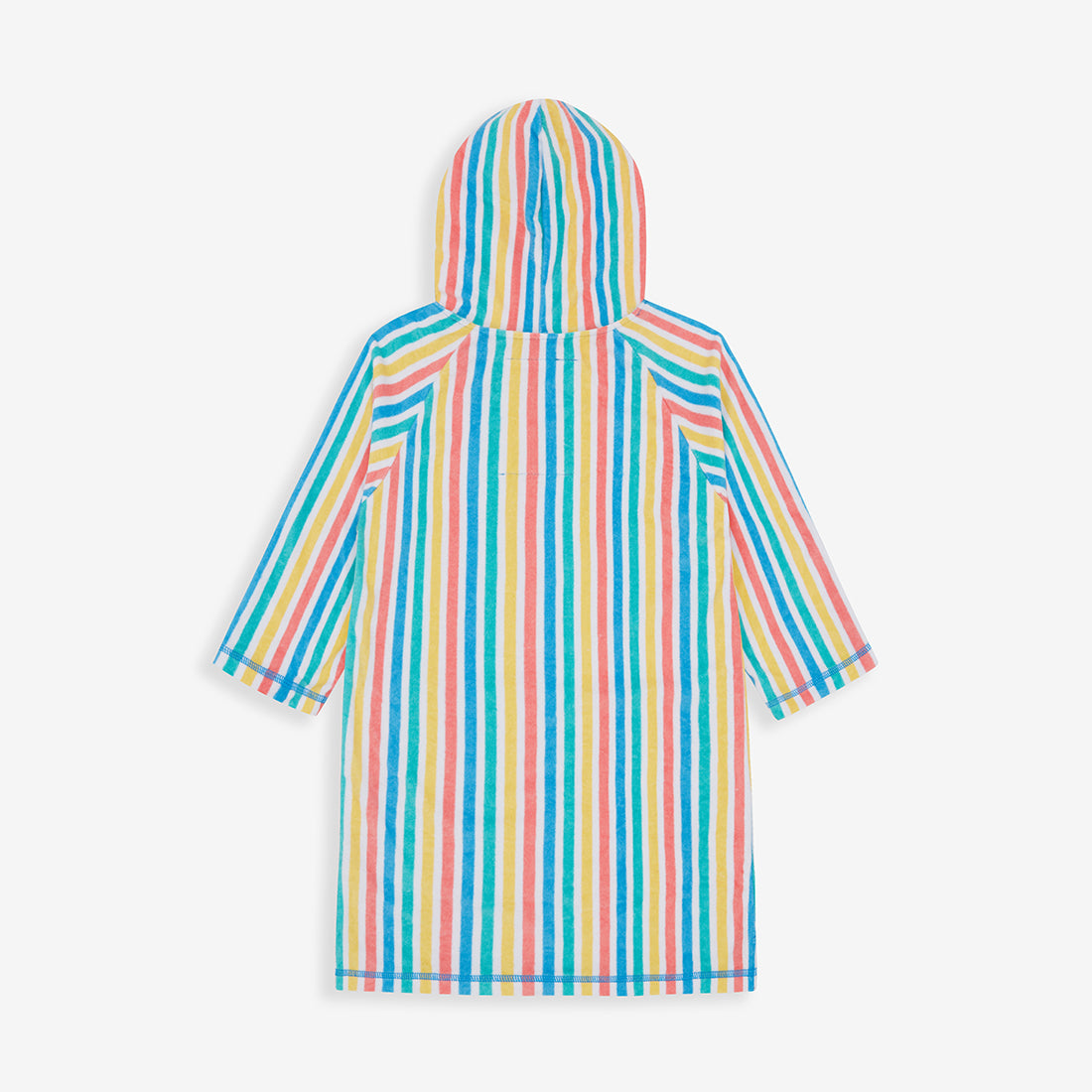 A towel poncho with multi-coloured vertical stripes, and a hood. The background is plain white.