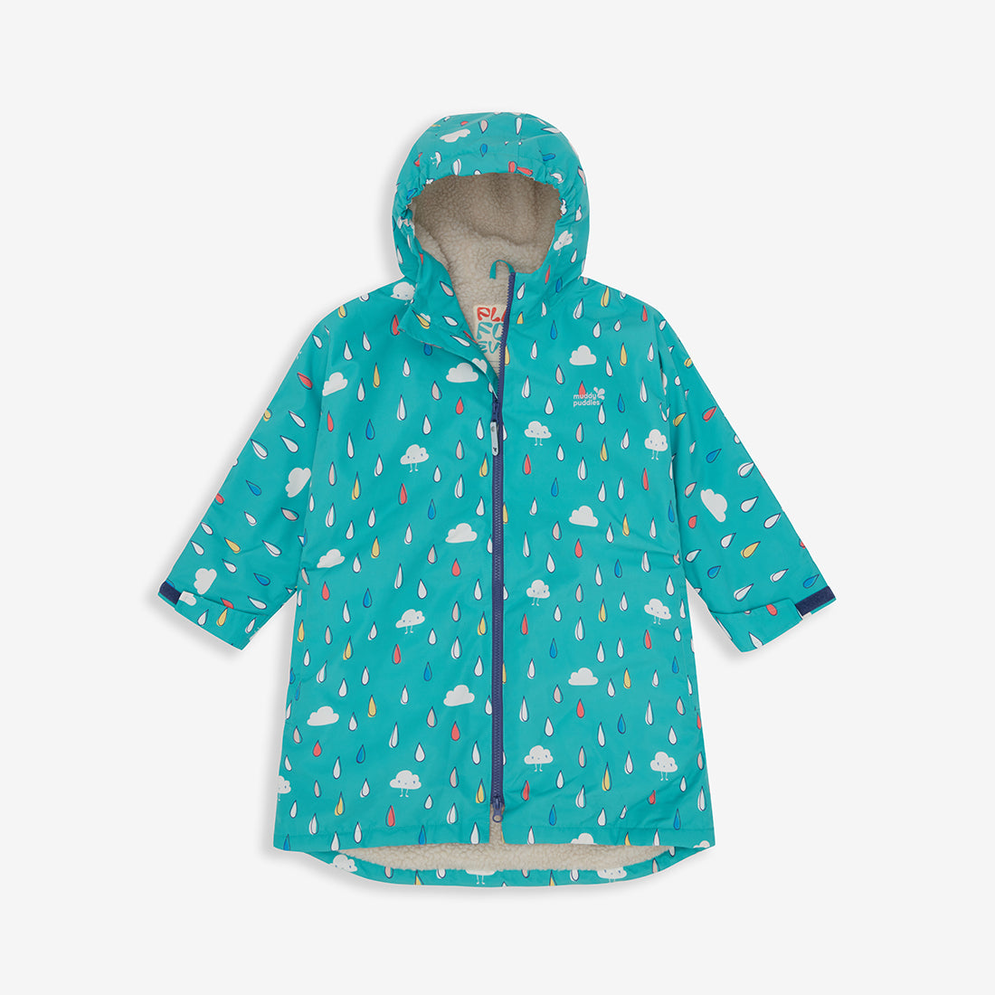 Waterproof Changing Robe Green Raindrops: A blue robe with a rain and cloud pattern, featuring a hood and zip-up front.