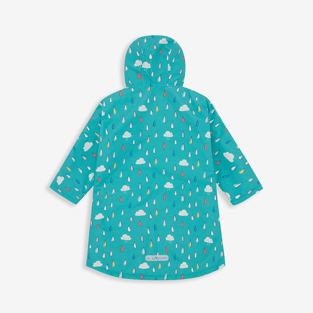 Green raindrops Waterproof Changing Robe with a hood. It's covered in colourful raindrops and clouds, designed to keep you dry.