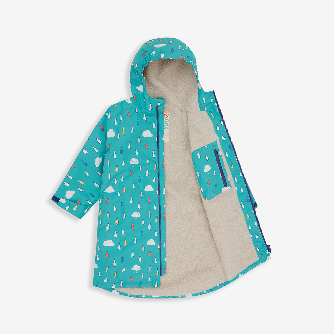 Waterproof Changing Robe Green Raindrops, a blue robe with cloud and raindrop pattern, fleece lining and hood open on a white background.