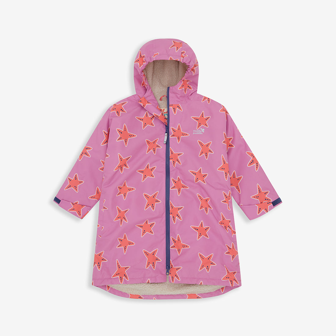 A Waterproof Changing Robe Pink Starfish on a white background. The robe is pink with an orange starfish pattern and a blue zip.