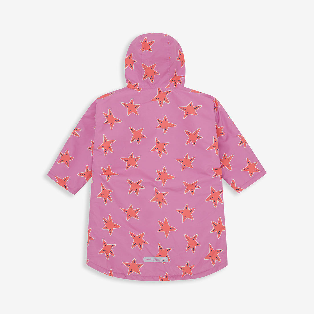 Waterproof Changing Robe Pink Starfish, a pink robe with red starfish. The robe features a hood and short sleeves.