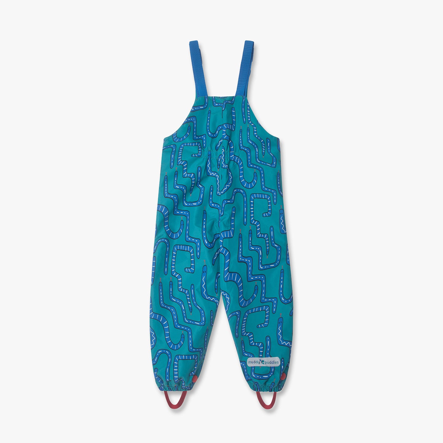 EcoLight Waterproof Dungarees Green Snake with adjustable blue straps, abstract squiggle pattern, elasticated cuffs, and red stirrups, designed for durable, waterproof outdoor play.