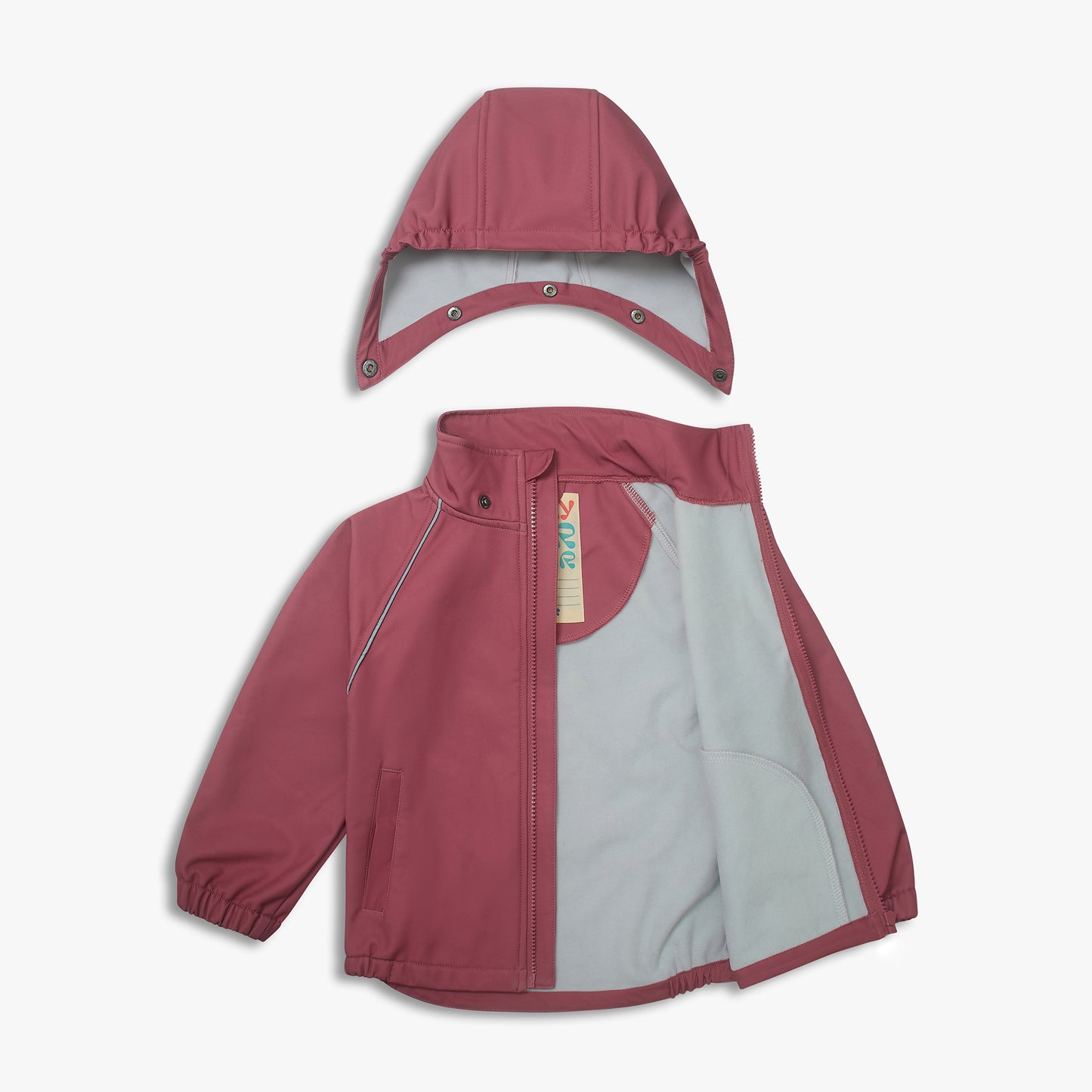 Waterproof Softshell Jacket Pink with detachable hood, zip-front, elasticized cuffs, and reflective details. Features durable, waterproof design with cozy lining and secure pockets for outdoor adventures.