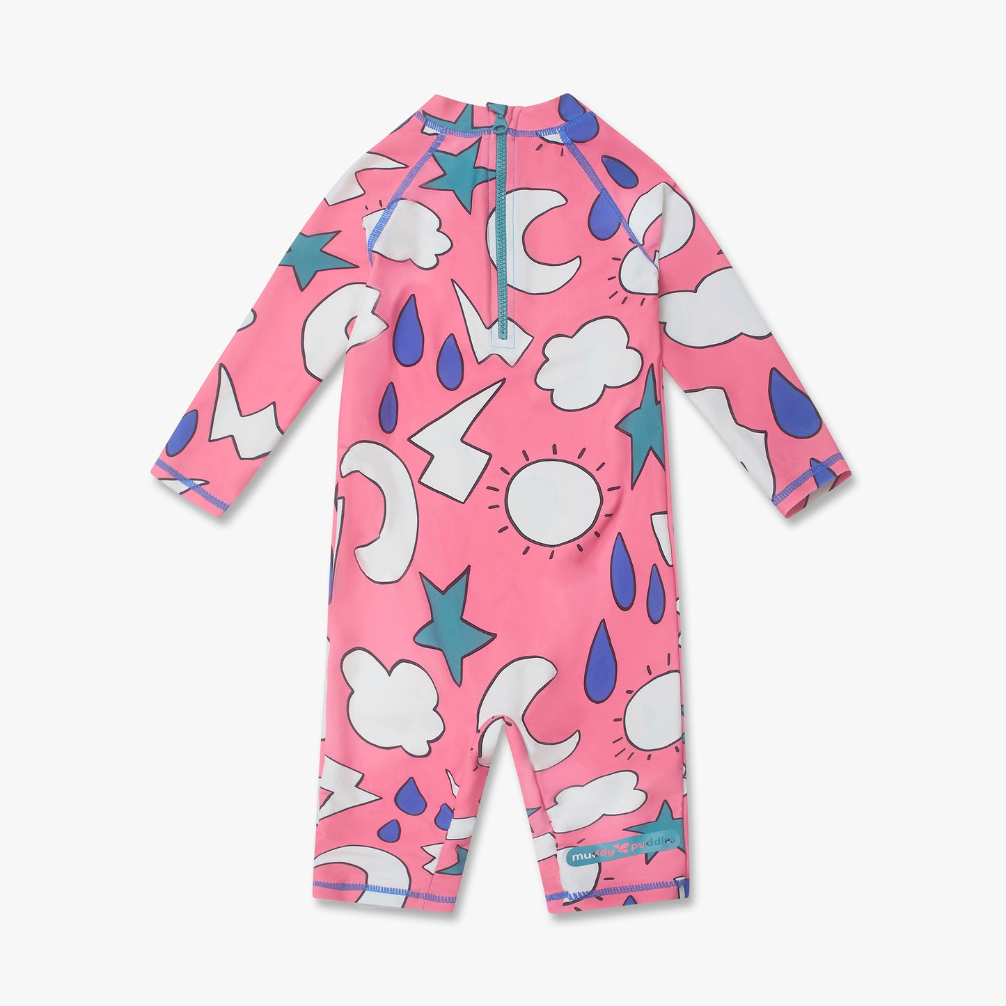 UV Protective Surf Suit Pink Weather: Children's long-sleeve, sunsafe swim suit with playful weather-themed print, offering UPF 50+ protection and comfort for outdoor adventures.