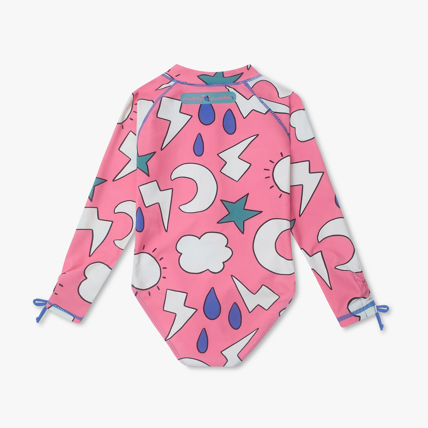 Back view of UV Protective Long Sleeve Swimsuit Pink Weather with adjustable sleeve ties, featuring playful weather-themed print and muddy puddles label, designed for sun-safe, durable, outdoor adventures.