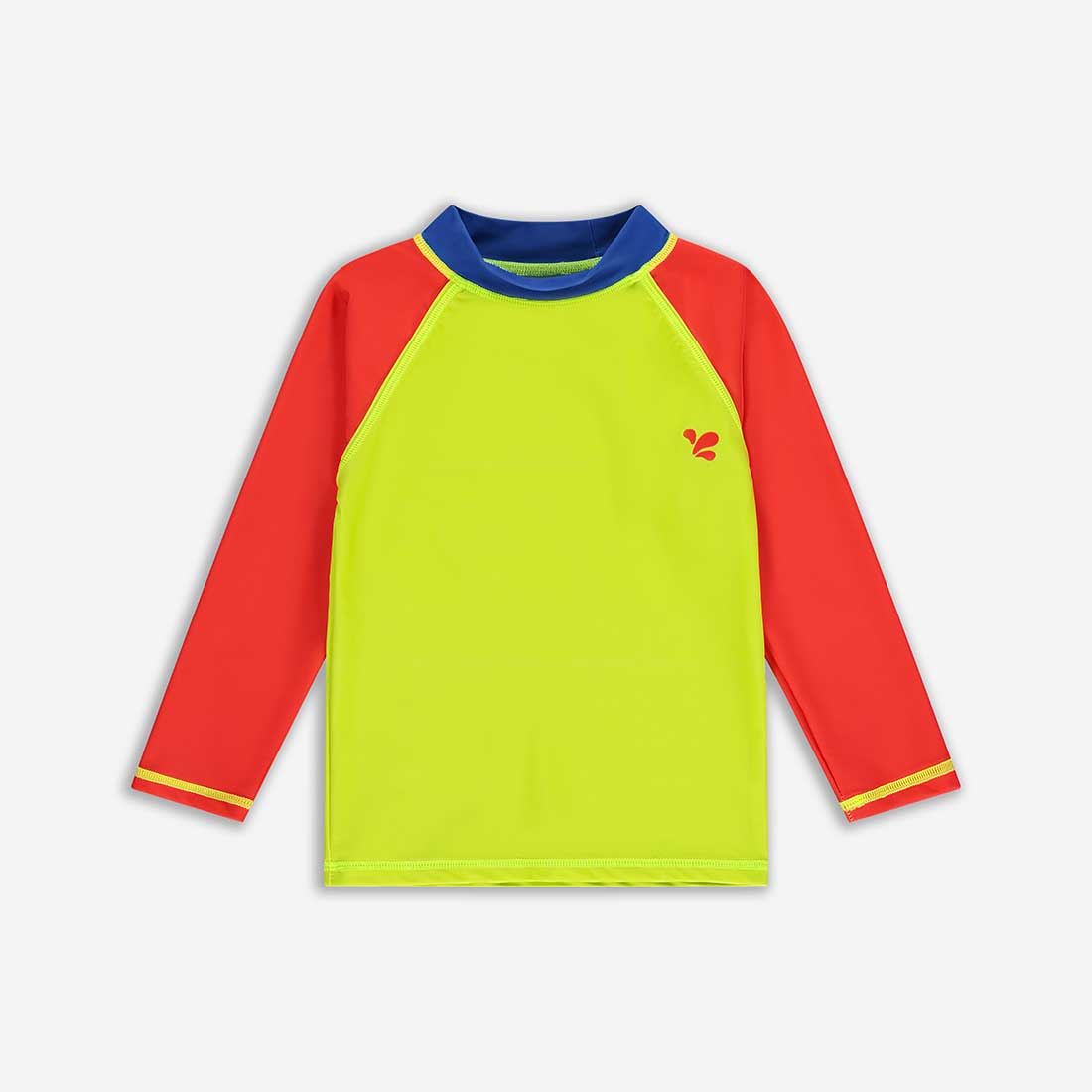 A UV Protective Rash Vest Multi Colourblock, with red sleeves, a light green body and a blue collar.