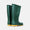 A pair of Classic Wellies Green. The wellington boots are green and have a yellow sole. They are positioned on a white background.