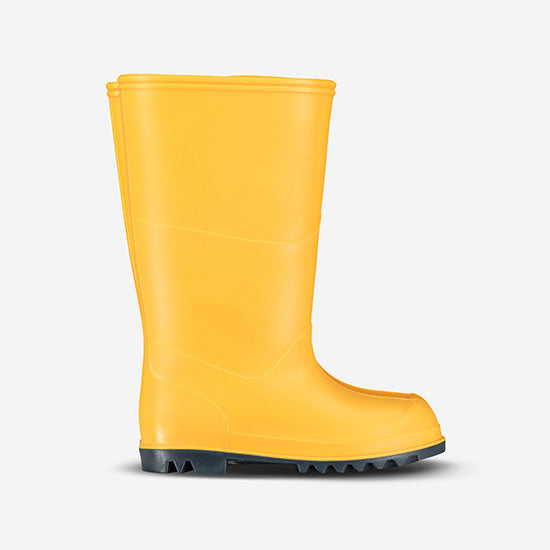 A single yellow Classic Wellies Welly Boot stands on a white background, casting a shadow. The boot has a dark blue sole.