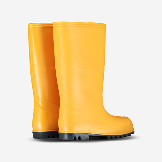 A pair of yellow 'Classic Wellies' stand side by side against a pale background. The boots are tall and waterproof.