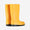 A pair of yellow 'Classic Wellies' stand side by side against a pale background. The boots are tall and waterproof.