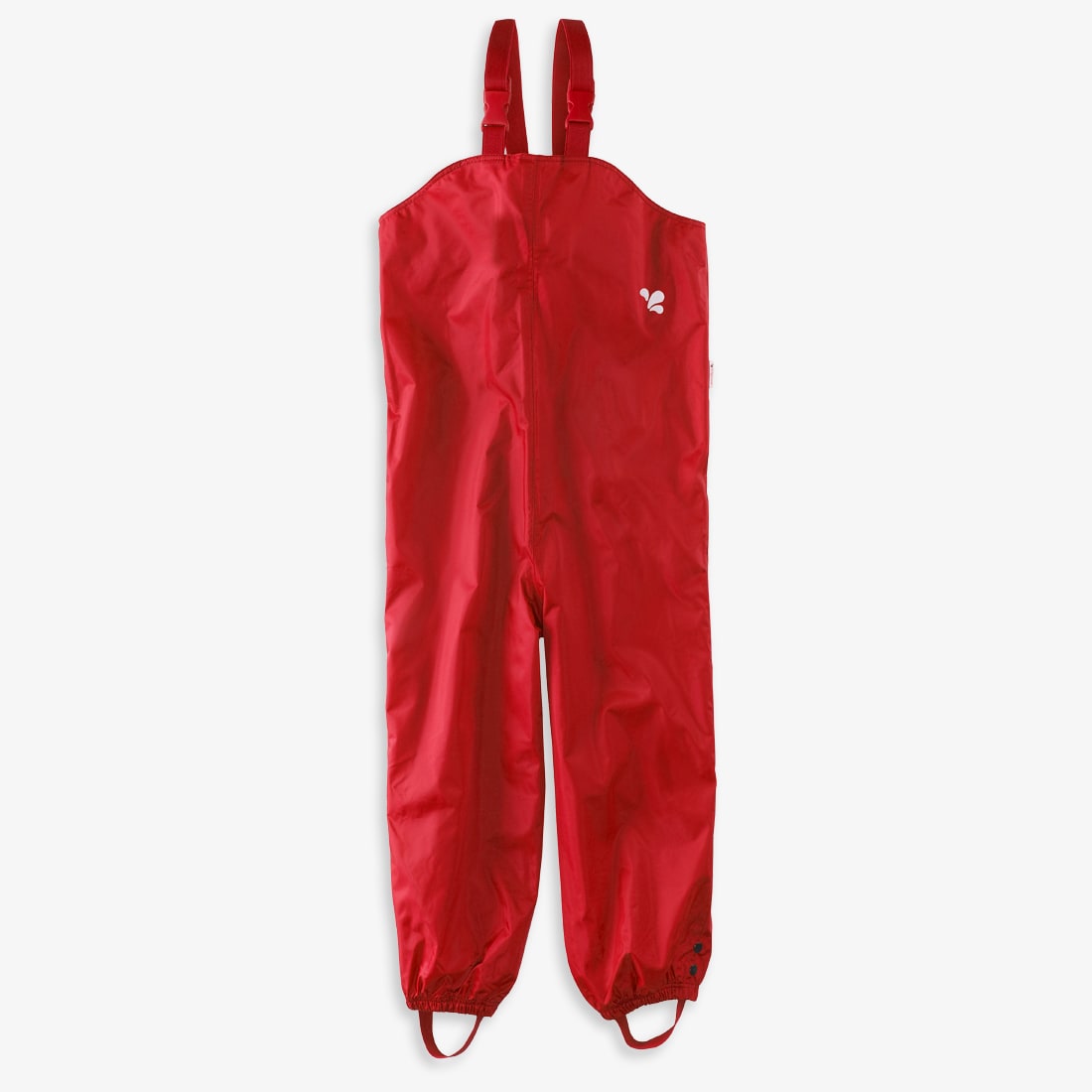 Red Originals Waterproof Dungarees, hanging against a white background. The dungarees have straps and adjustable buckles.