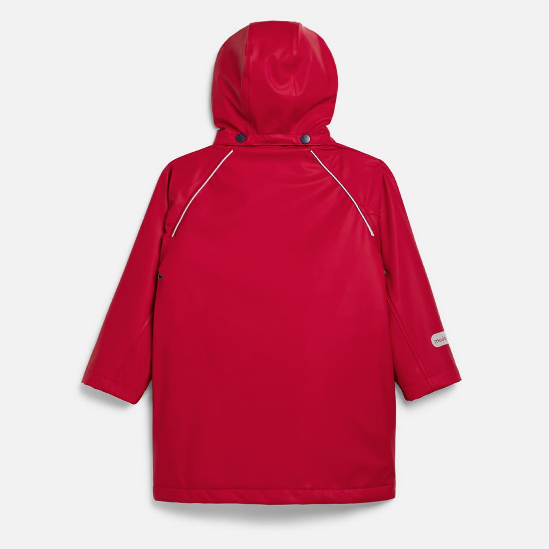 Puddleflex Waterproof Fleece Lined Jacket in red. A vibrant coat with a hood, viewed from the back.