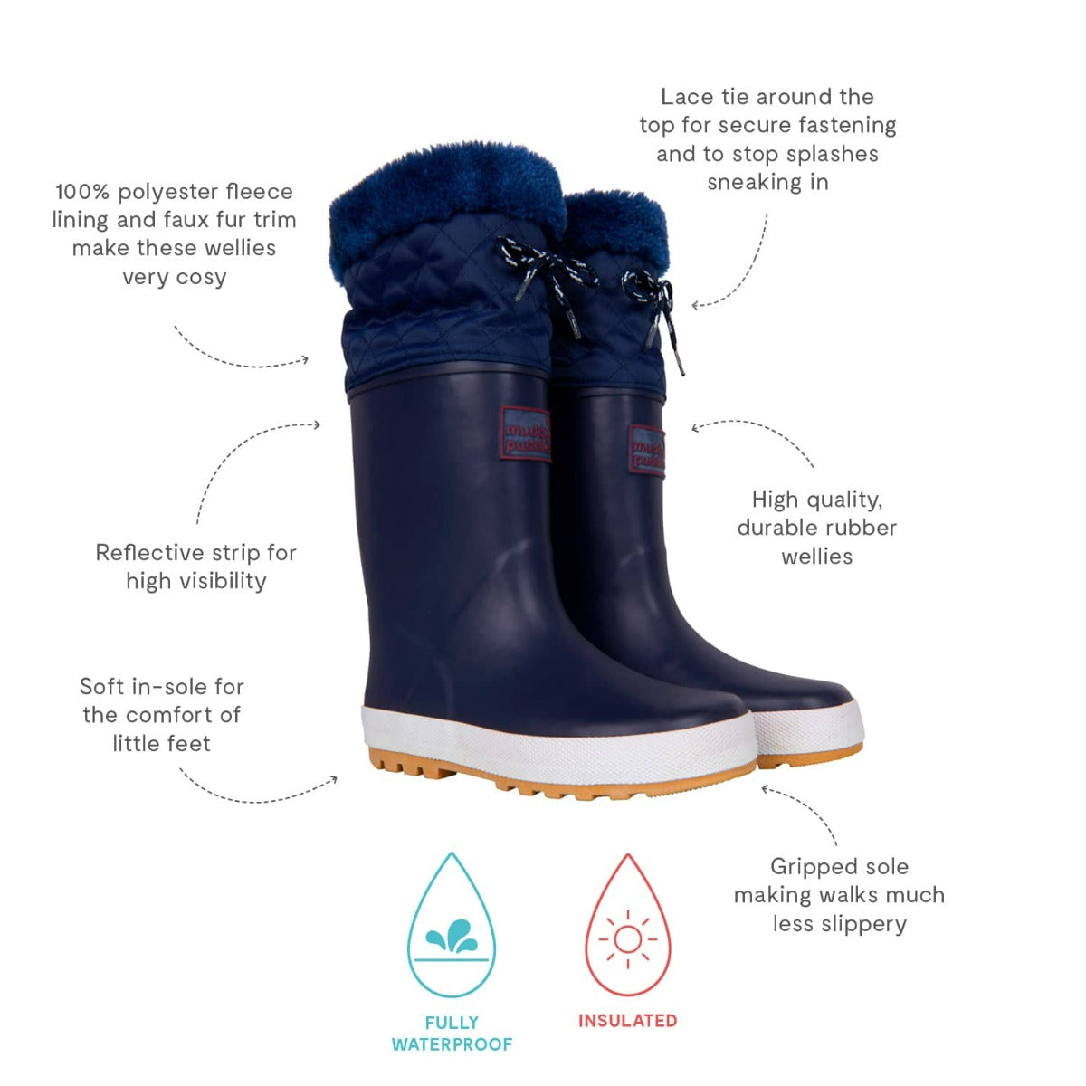 Navy Puddleflex Fleece Lined Wellies with fleece lining, faux fur trim, lace tie, reflective strip, durable rubber and gripped sole.