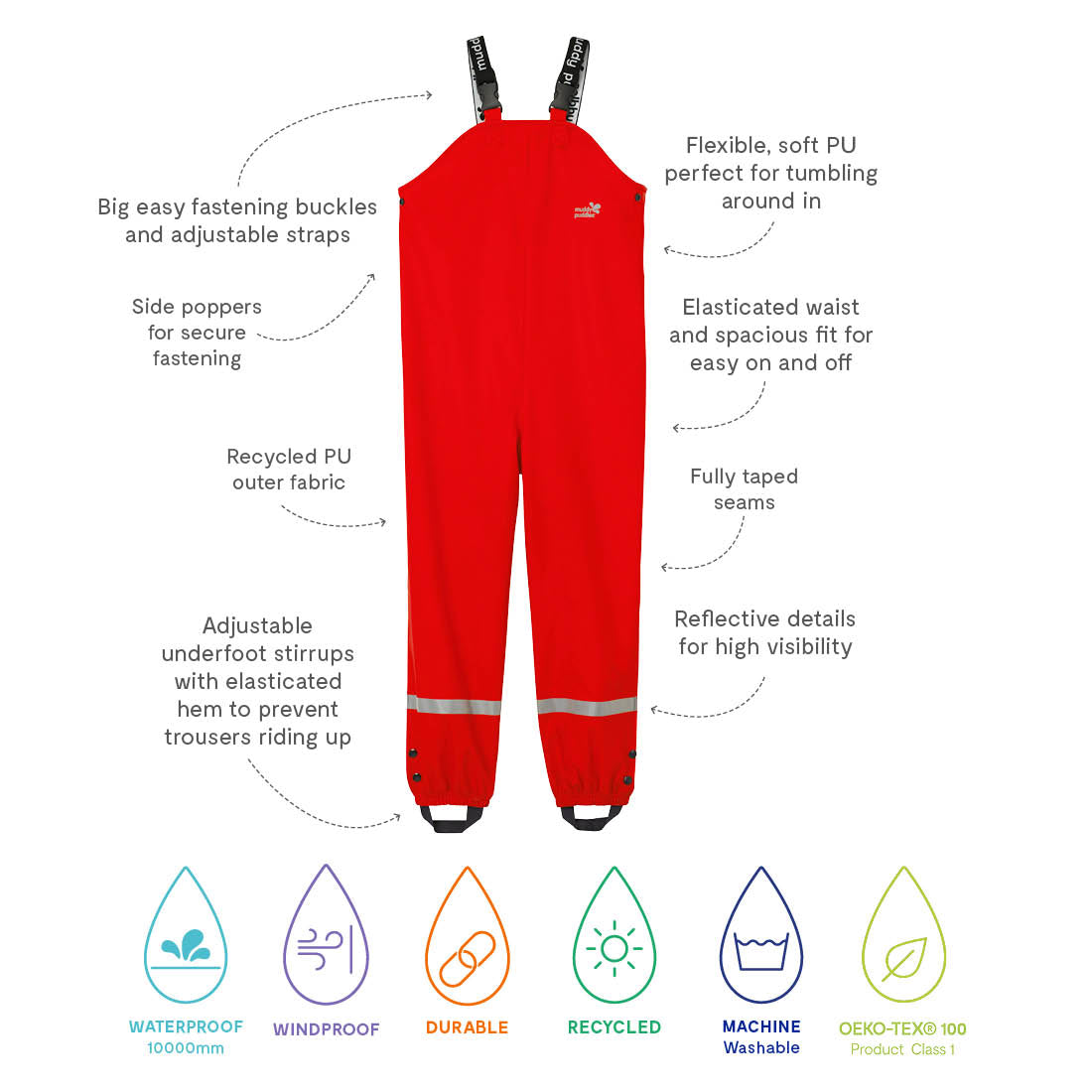 Red Rainy Day Waterproof Dungarees with easy fastening buckles, adjustable straps, elasticated waist and reflective details.