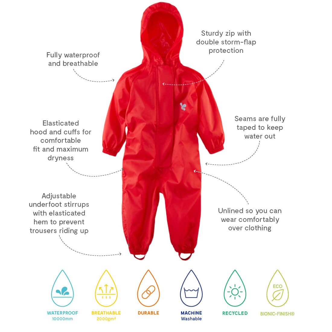 Originals Waterproof Puddle Suit Red with waterproof, breathable, and durable features. It has an elasticated hood, cuffs, and adjustable stirrups.