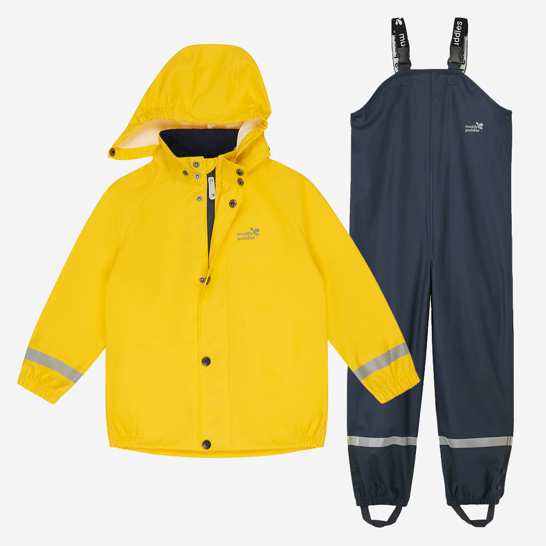 A yellow 'Rainy Day Waterproof Jacket and Dungarees Set'. The jacket is a vibrant yellow with a hood. The dungarees are navy with reflective stripes.