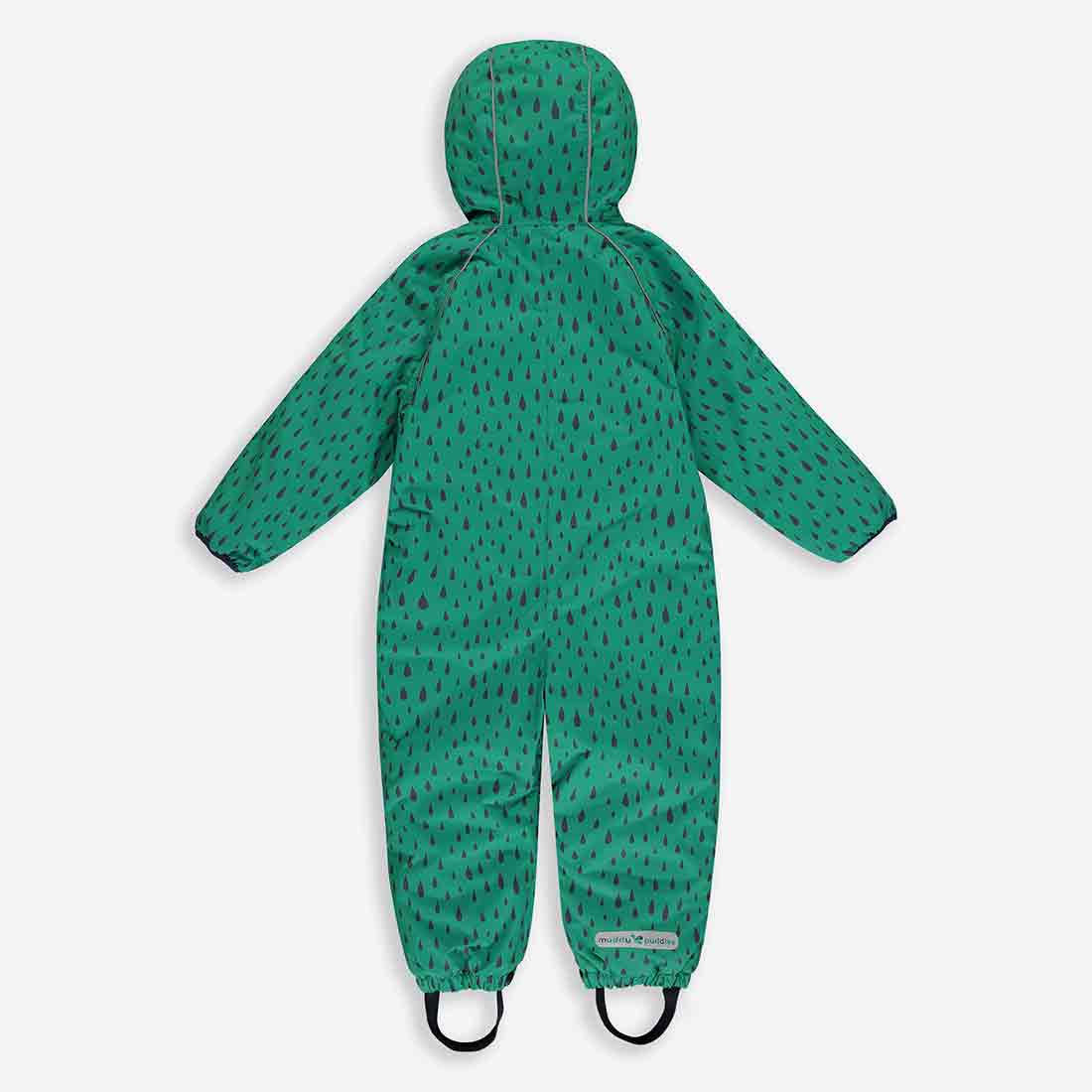 EcoWarm Waterproof Snowsuit Green: A green snowsuit with raindrop pattern, hood up and sleeves spread, ready for snowy fun.