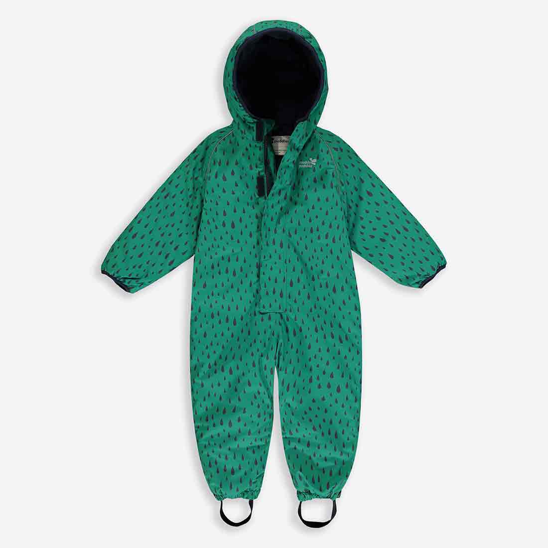 A green puddle suit with a dark blue raindrop pattern. It has a hood and black stirrups at the bottom of the legs.