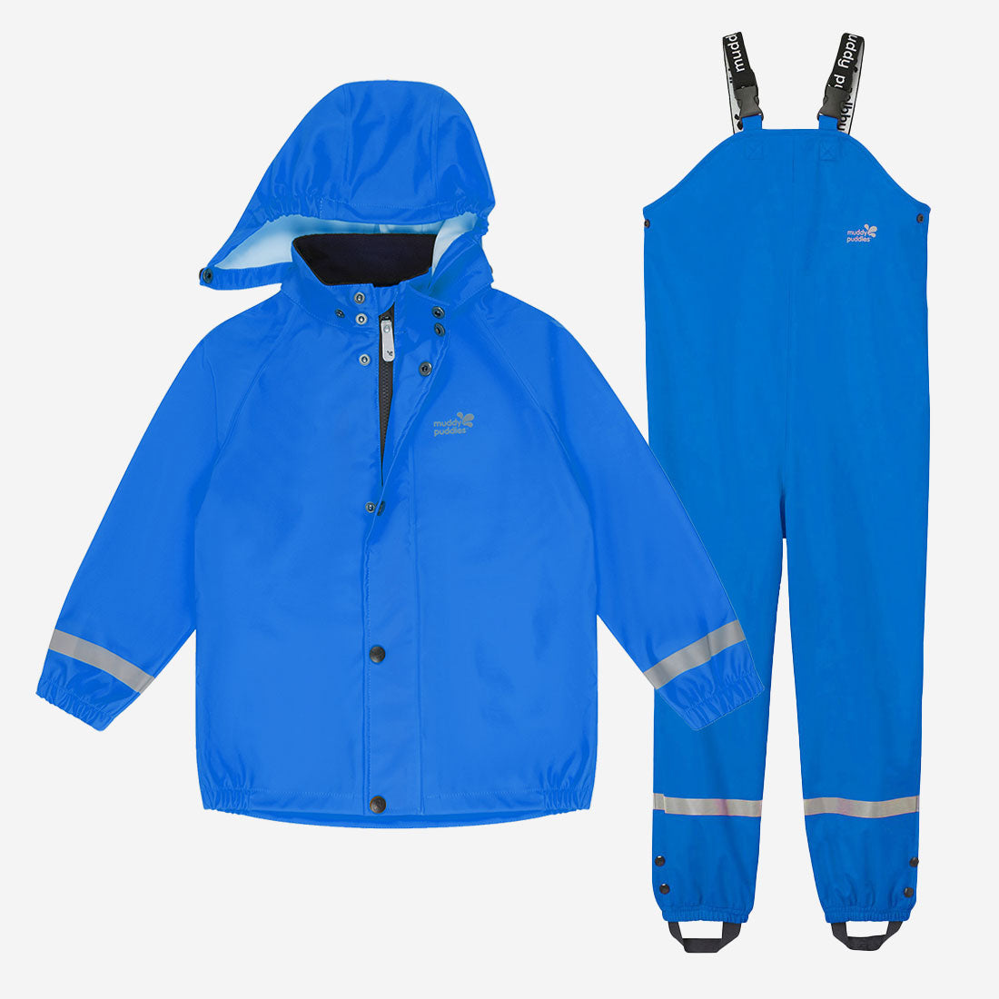 Blue 'Rainy Day' waterproof jacket and dungarees set. The jacket has a hood and reflective stripes on the sleeves, with the dungarees also having them.