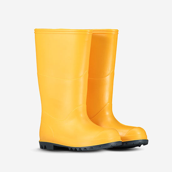 A pair of bright yellow rubber boots stand side-by-side. The boots have a dark grey sole and are knee-high.