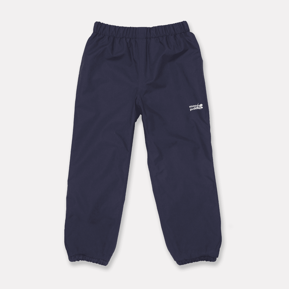 Navy EcoSplash Waterproof Fleece Lined Trousers laid out on a white background, showing the elasticated waist and cuffs.