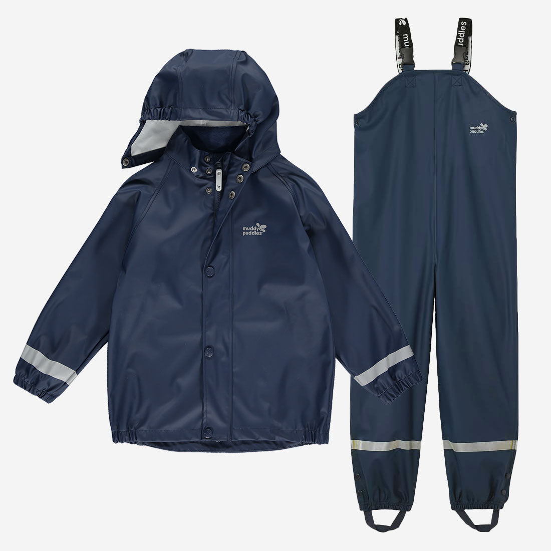 Rainy Day Waterproof Jacket and Dungarees Set Navy. A matching set of navy waterproof jacket and dungarees for children.