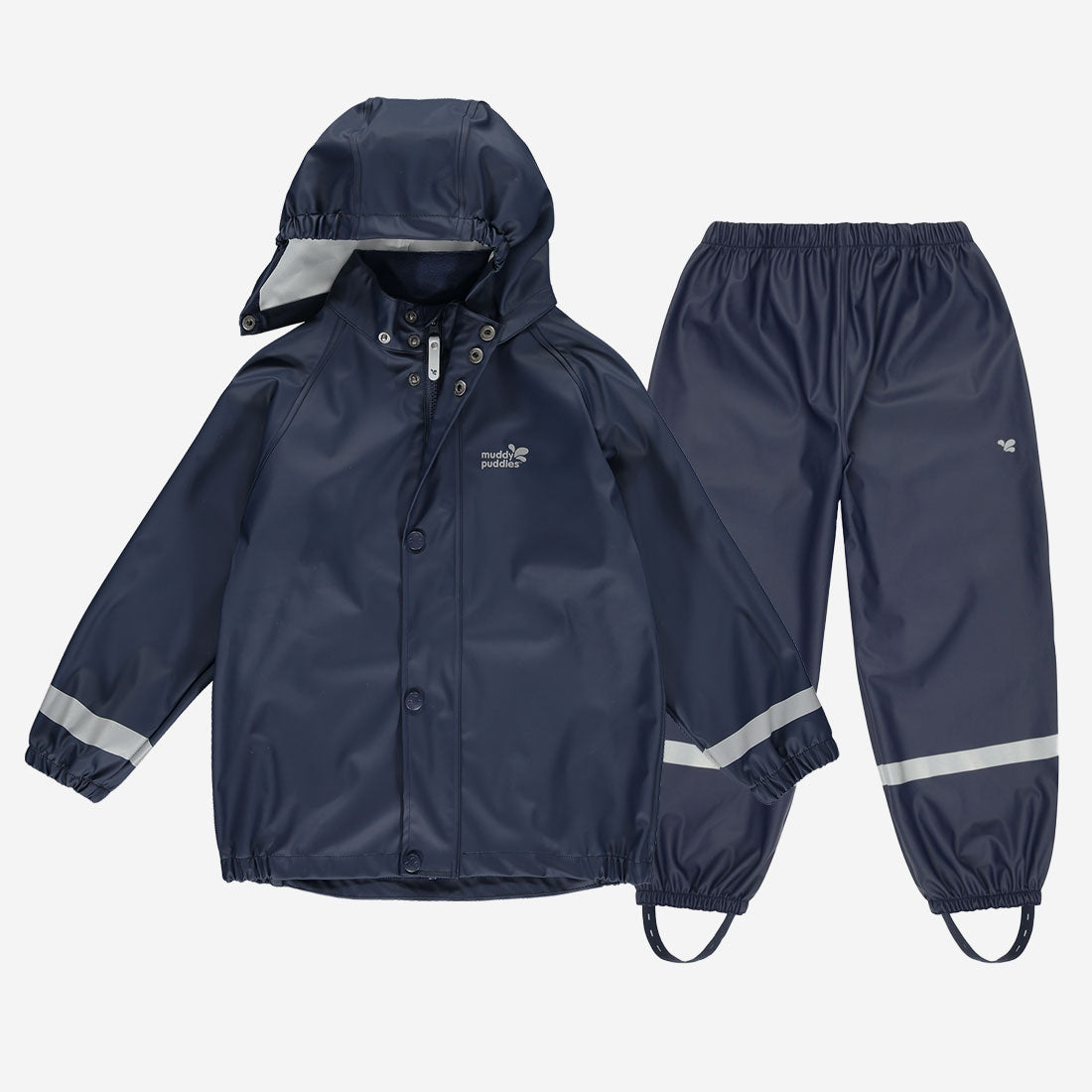 A navy blue raincoat and matching over-trousers. The raincoat has a hood and reflective strips on the sleeves. The trousers have foot stirrups.