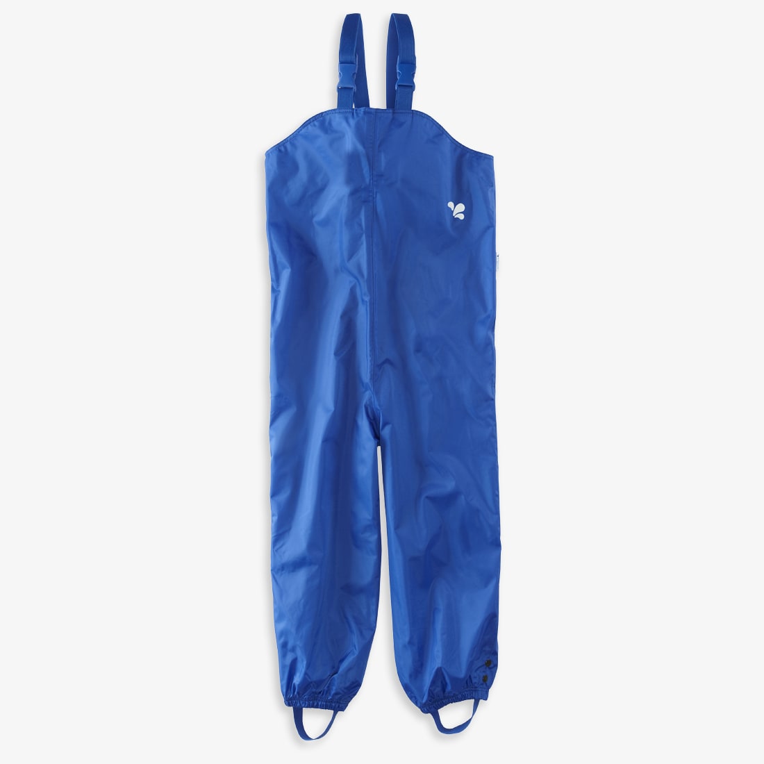 Blue Originals Waterproof Dungarees. Close-up studio shot of waterproof over trousers with adjustable straps and foot stirrups.