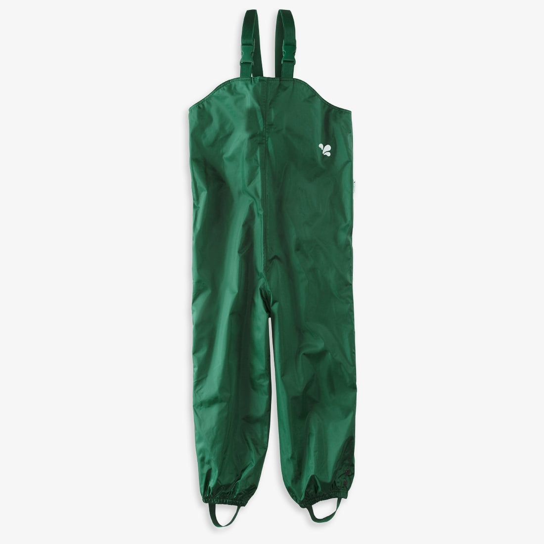 Green Originals Waterproof Dungarees. Shiny, emerald waterproof overalls with adjustable straps and foot stirrups for puddle jumping adventures.