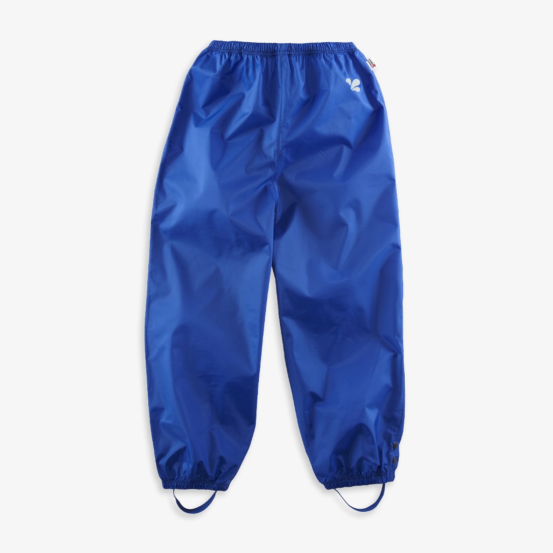 Blue Originals Waterproof Trousers laid out on a white background, showing the elasticated waist and foot stirrups.