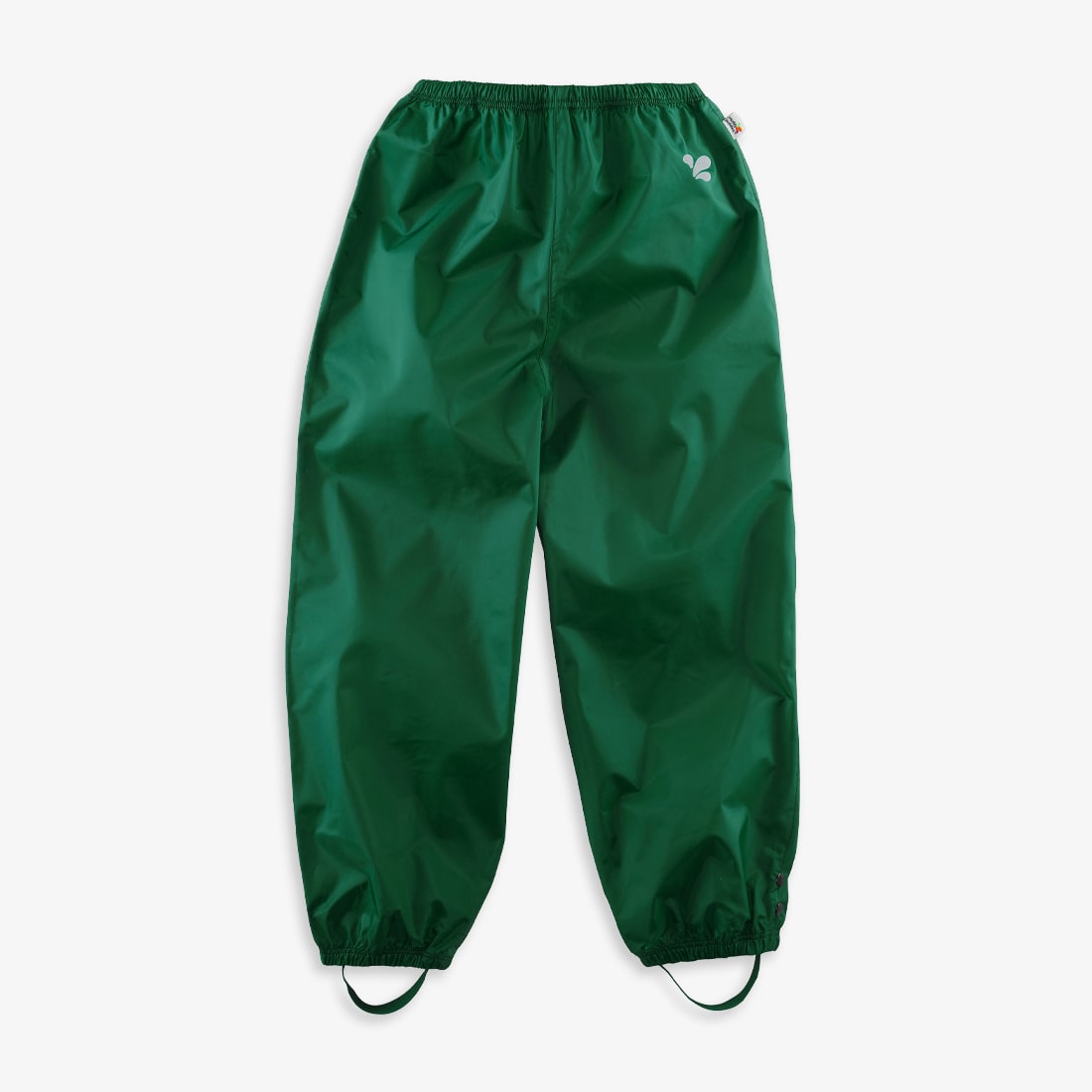 Green Originals Waterproof Trousers laid flat on a white background, showcasing their elasticated waist and ankle straps.