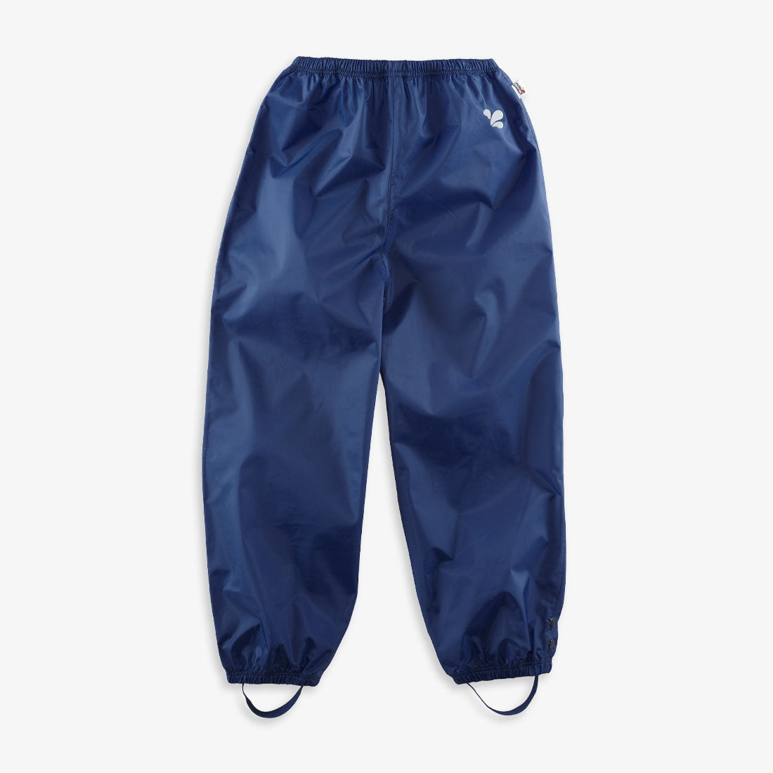 Navy blue waterproof trousers with elasticated waist and stirrups, laid out on a white background.