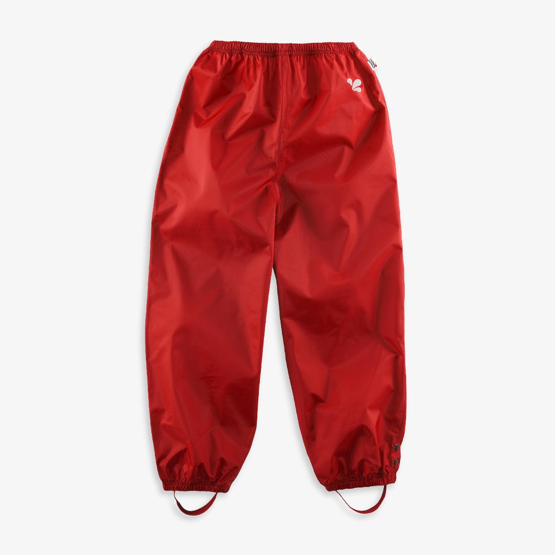 Originals Waterproof Trousers Red: Red waterproof trousers with elasticated waist and stirrups at the ankles against a white background.