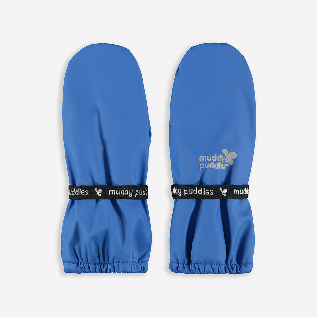 Blue Muddy Puddles waterproof mittens with branding on the wrist bands. Essential wet weather gear for children.