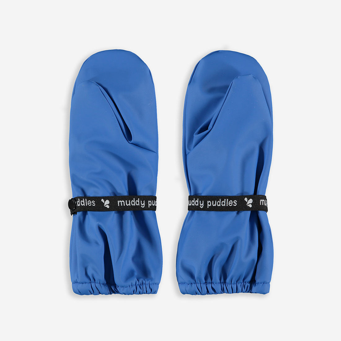 A pair of royal blue Muddy Puddles PU Mitts. They feature a black strap with the brand name repeated around the wrist.