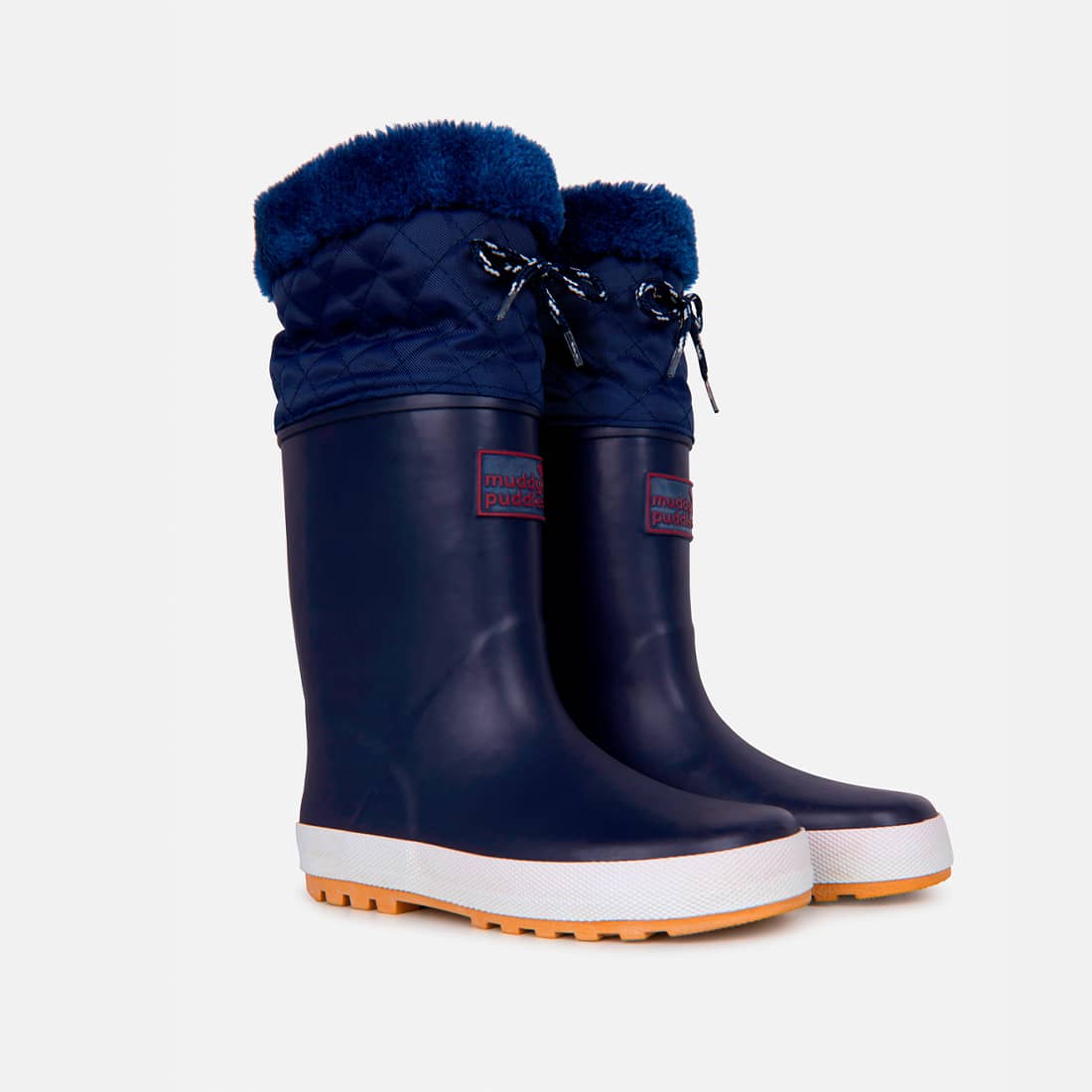 Navy Puddleflex Fleece Lined Wellies featuring blue fleece lining and white and orange soles on a plain white background.