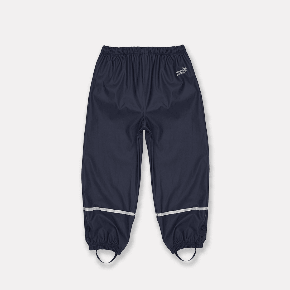 Navy Rainy Day Waterproof Trousers laid out on a white surface. The trousers have reflective strips near the ankles and foot stirrups.