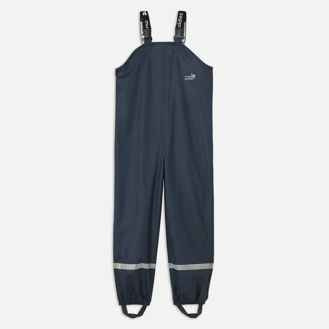 Navy Rainy Day Waterproof Dungarees: adjustable straps, reflective strips at the bottom, elasticated stirrups, and popper fastening.